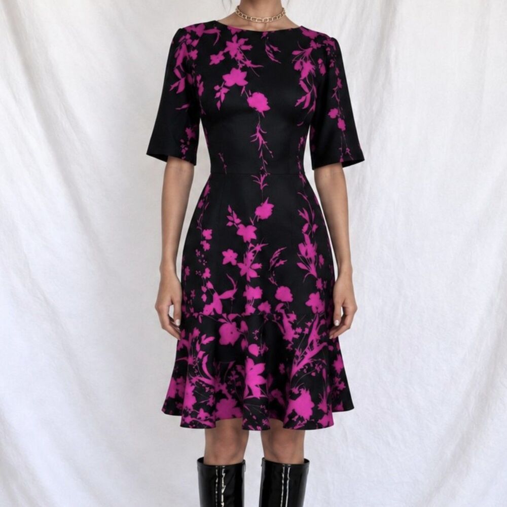 Vintage Y2K 90s Black Purple 3/4 Sleeve Flared A-Line Knee Length Dress Size M